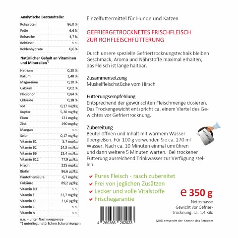 Hund Katze B.A.R.F. Hundefutter Easy Barf Hirsch 350g 1 Stück -3- Anifit